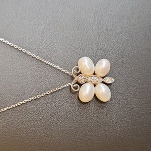 Dainty Pearl and Sterling Silver Butterfly Pendant with Silver Chain